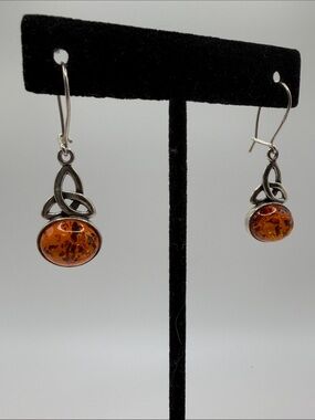 Sterling Silver 925 Celtic Amber Drop Earrings - Amber